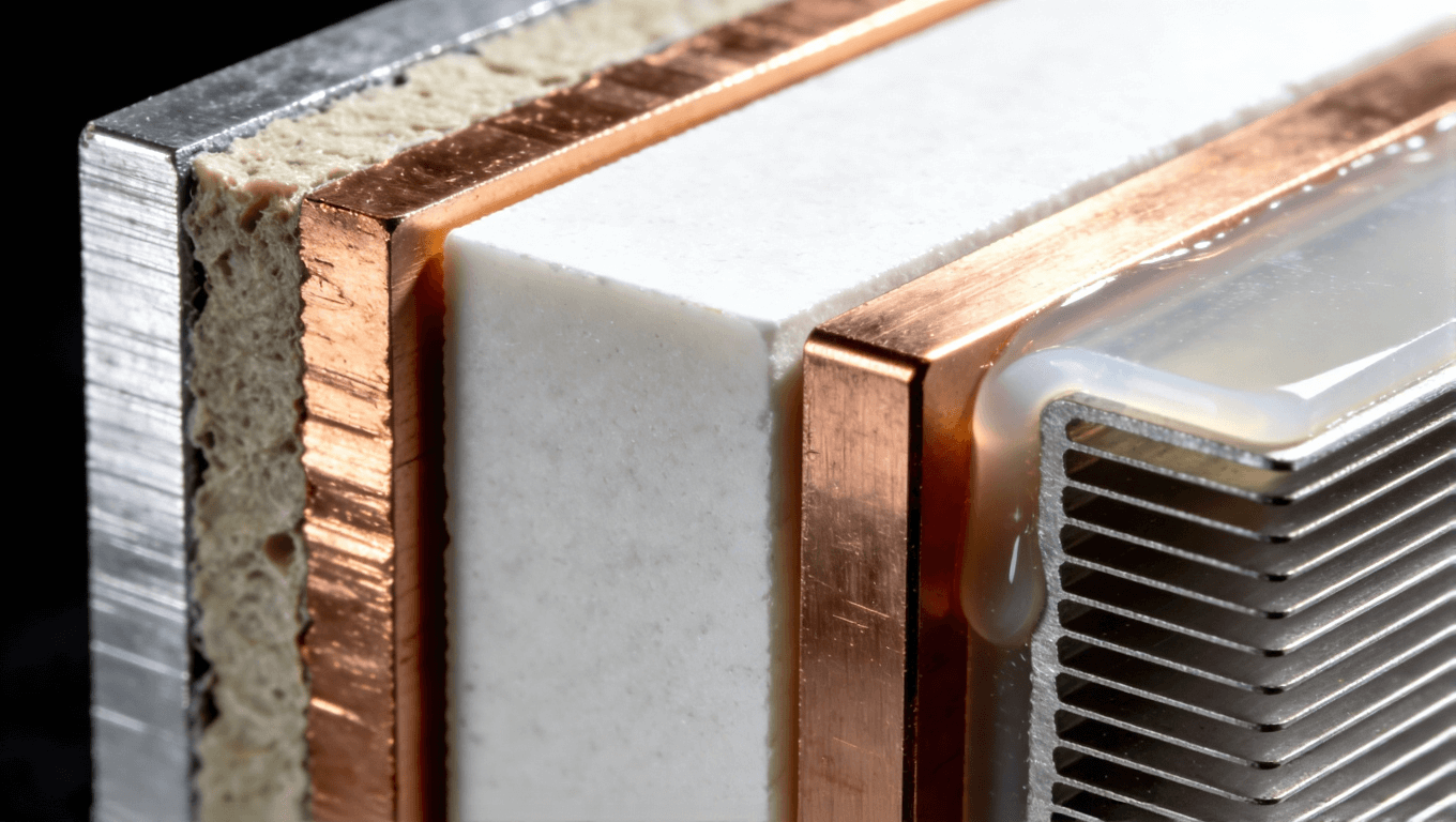 储能PCB常用高导热基板与散热材料展示，包括铝基、陶瓷基覆铜板和导热硅胶