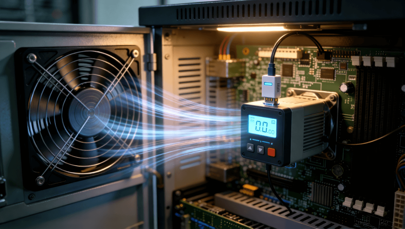 储能系统智能温控组件工作示意图，展示传感器、控制器与散热风扇联动