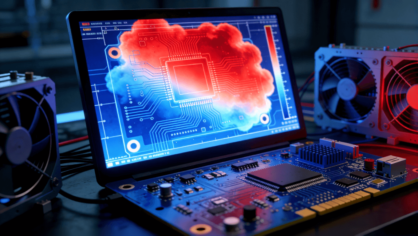 PCB热仿真温度分布云图在电脑界面中的视觉呈现，展示热点识别与散热设计