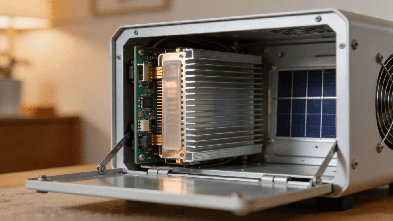 户用储能逆变器内部散热结构特写，展示PCB集成散热层与壳体散热设计