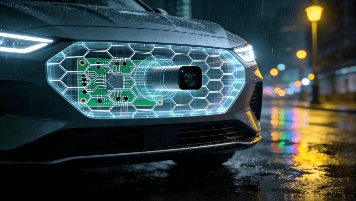 集成于汽车前脸的车规级激光雷达内部PCB半透明视觉效果图