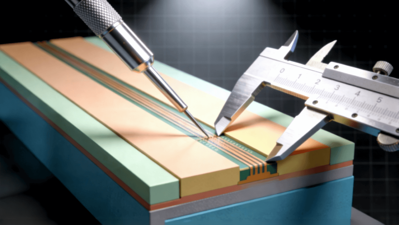 PCB微带线横截面几何参数测量3D渲染示意图，展示线宽铜厚对阻抗的影响
