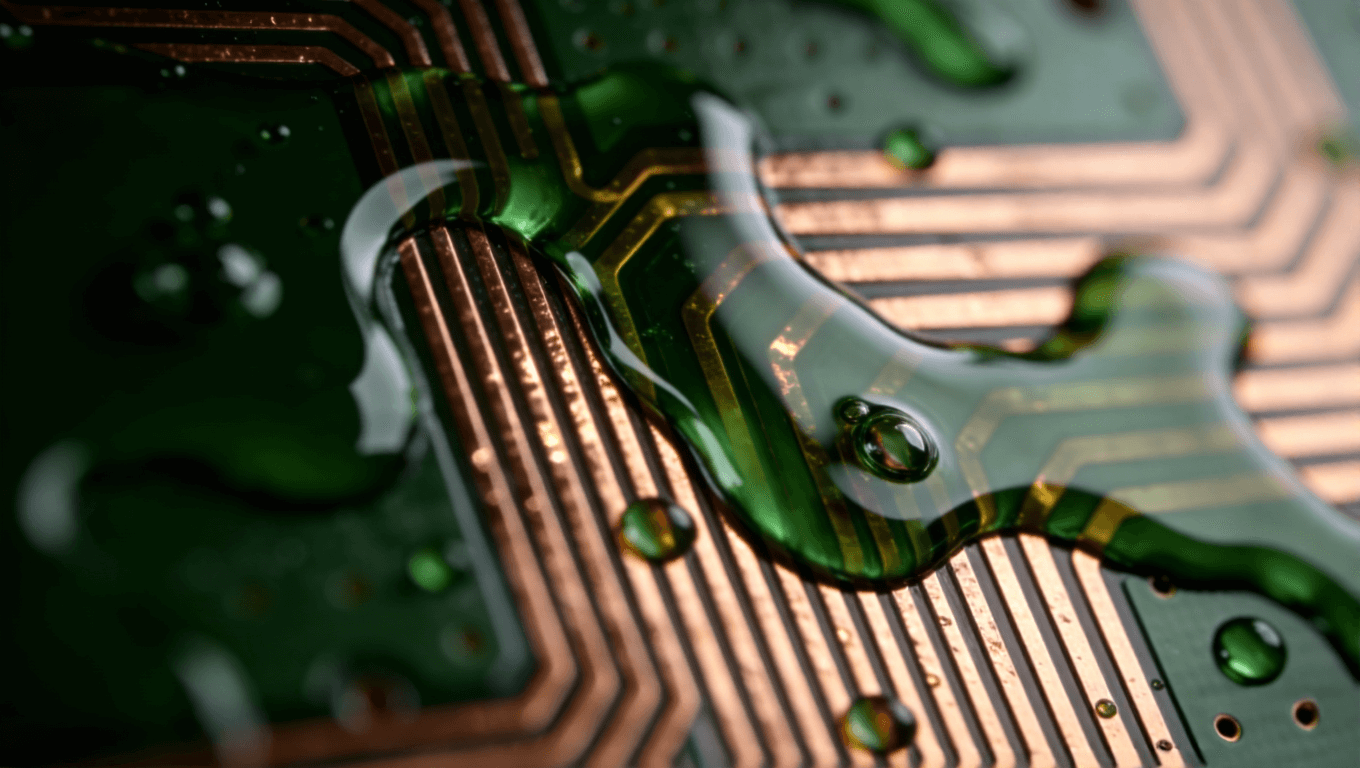 PCB阻焊层涂覆过程抽象特写，绿色液态阻焊油在铜线上光滑铺展，呈现光泽质感与流动纹理