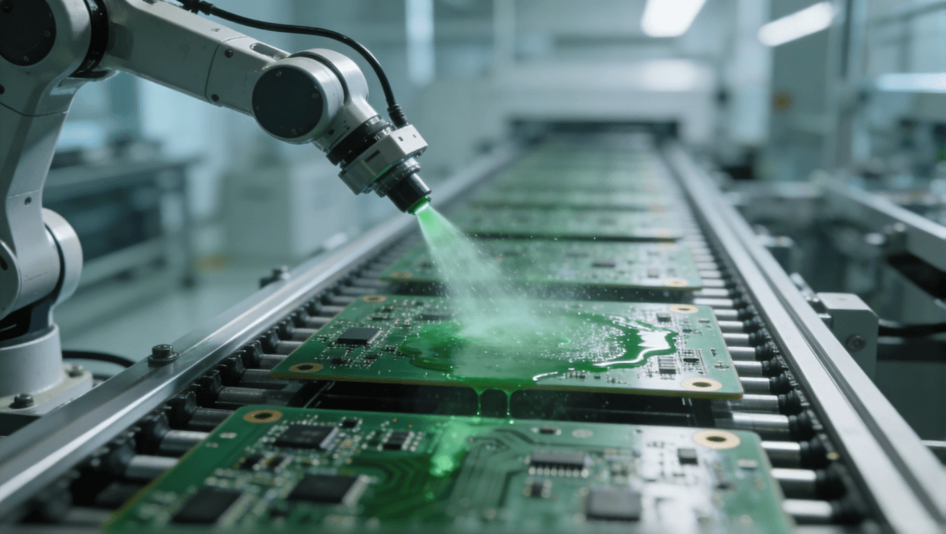 未来工厂中机械臂为传送带上的PCB板喷涂阻焊层的场景，绿色雾状涂料正在喷涂