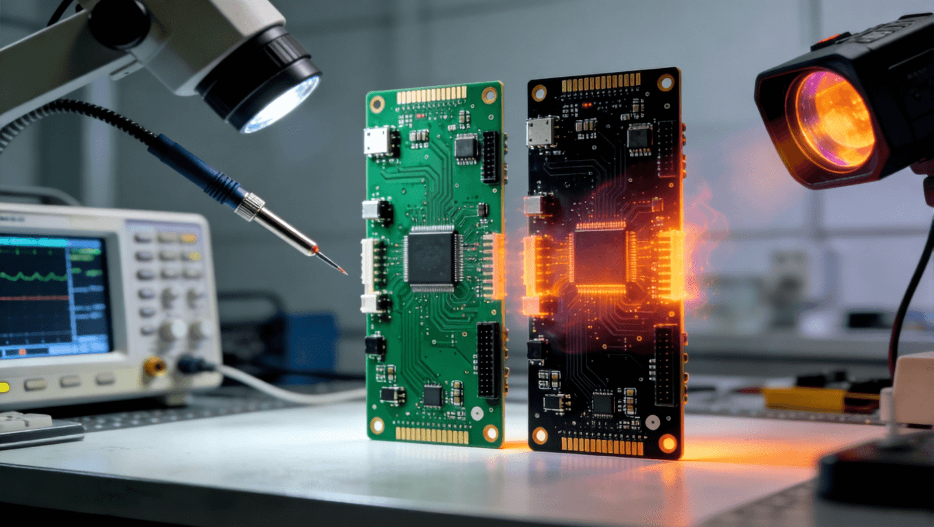 实验室中绿色与黑色PCB板并排对比测试场景，周围有示波器探头和热像仪镜头