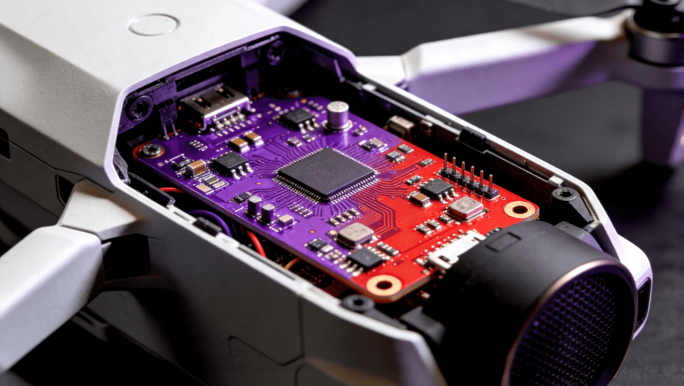 产品拆解艺术图展示内部紫色或红色PCB板，组件布局整齐