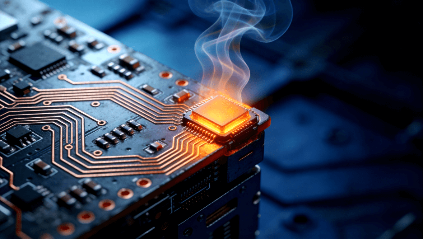 热电分离金属基板微距特写，展示高功率电子元件散热时热浪波纹的视觉效果