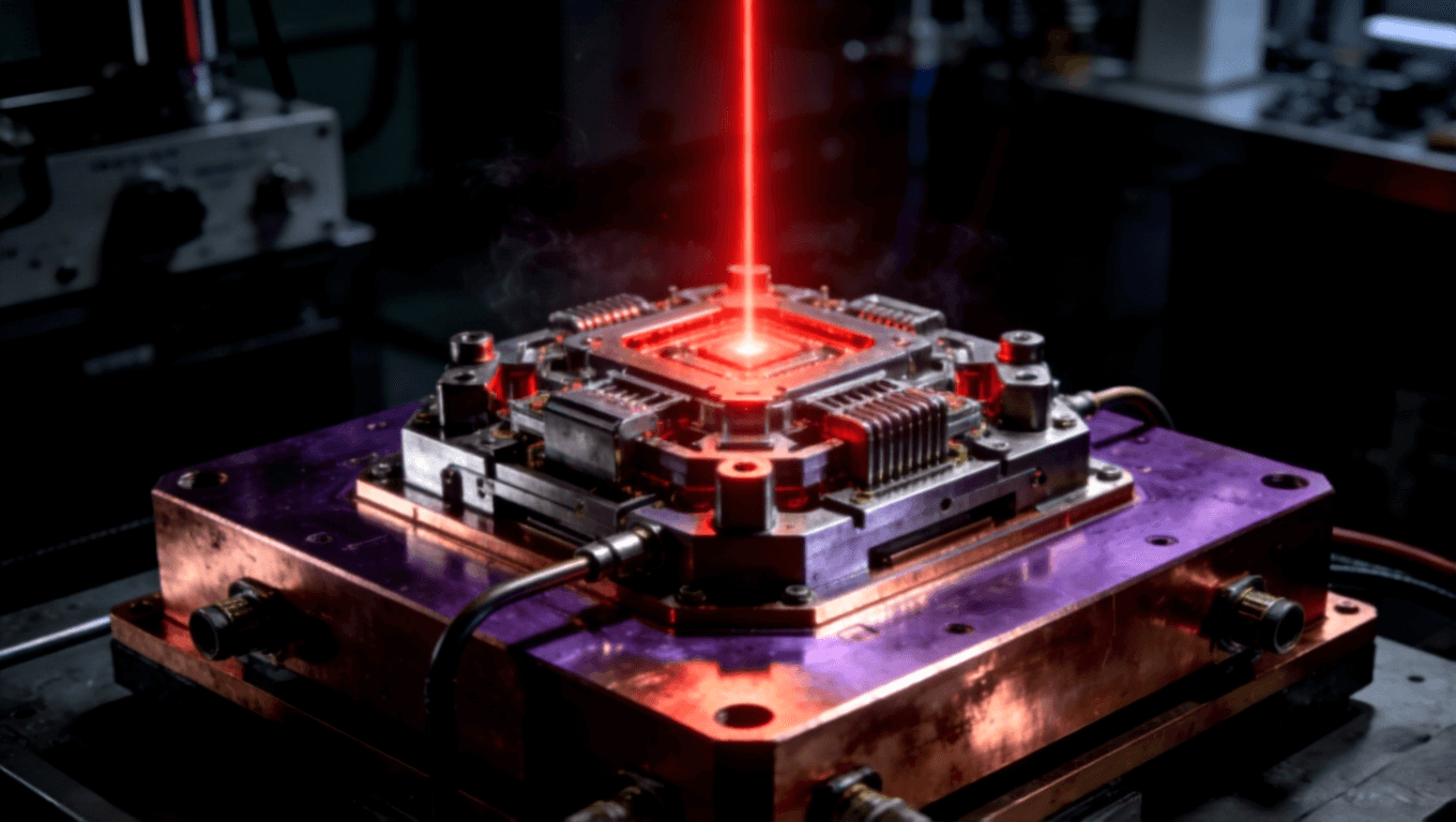 高功率工业激光器模块特写，厚重铜基板作为核心散热底座，发射出红色激光束