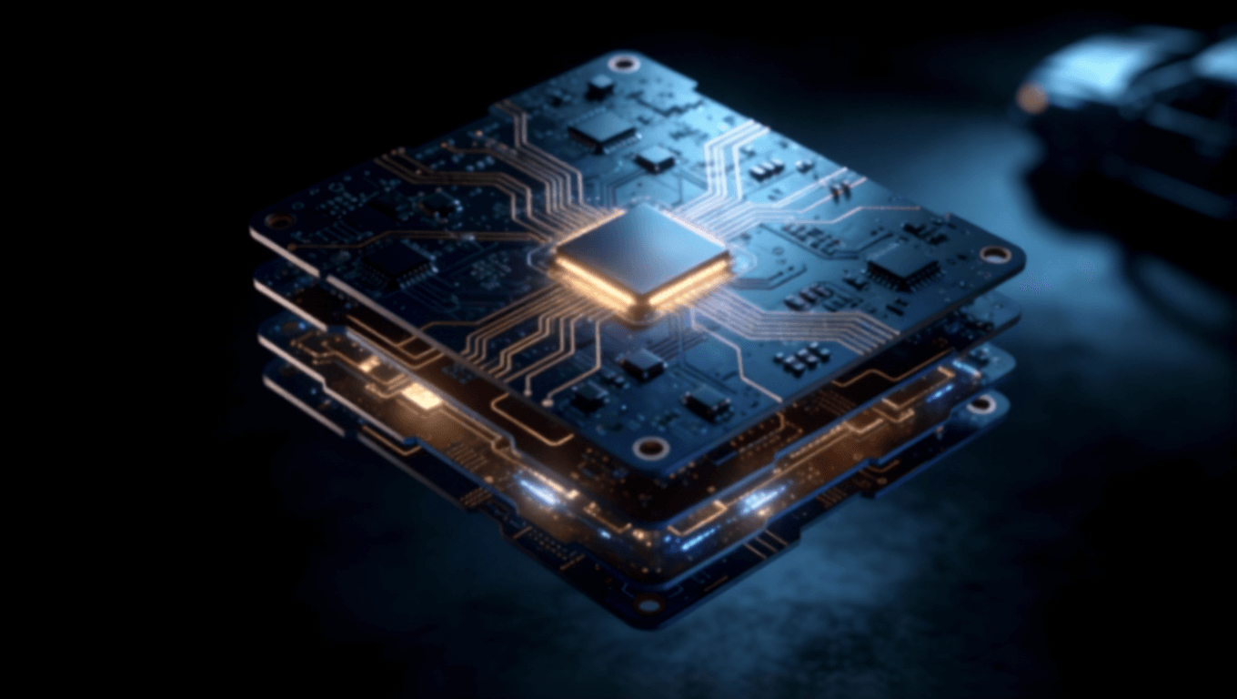 自动驾驶域控制器 PCB 抽象科技视觉，展示多层电路与芯片集成设计