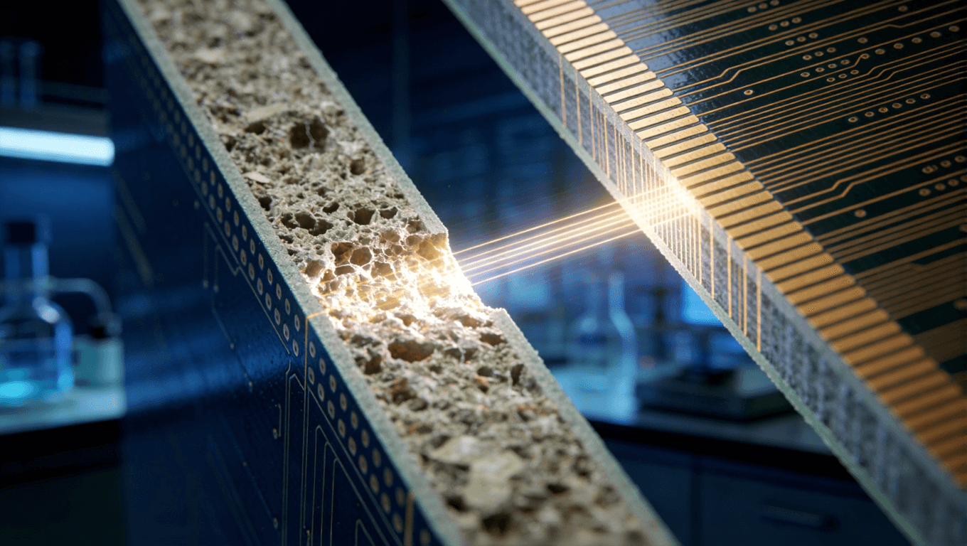 高频板材与普通FR-4材料微观结构对比，展示介质损耗差异