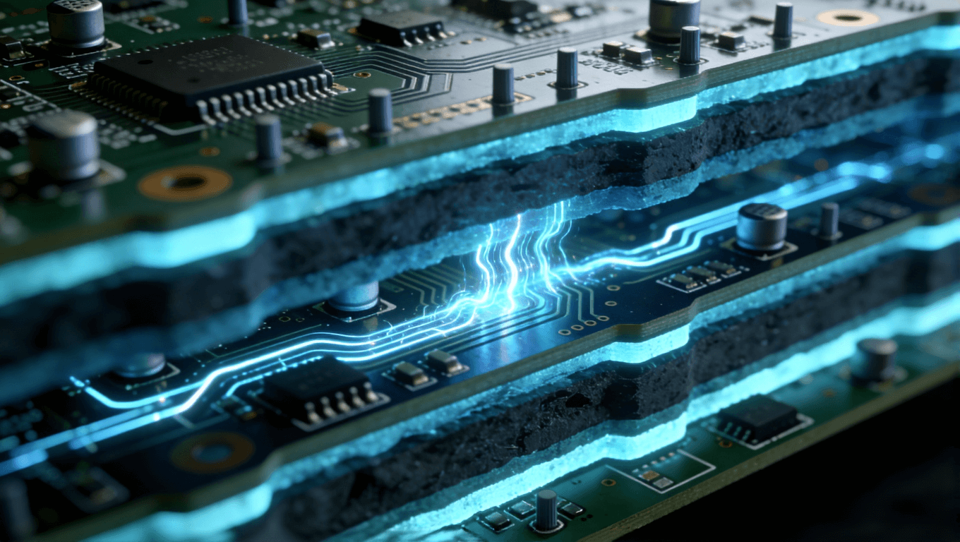 多层高频PCB剖面视图，展示电源层、地层结构与去耦电容布局