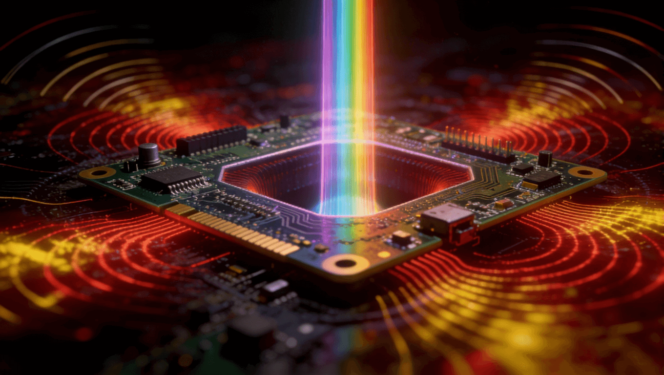 高频PCB在复杂电磁环境中受外部干扰与腔体谐振影响的抽象表现