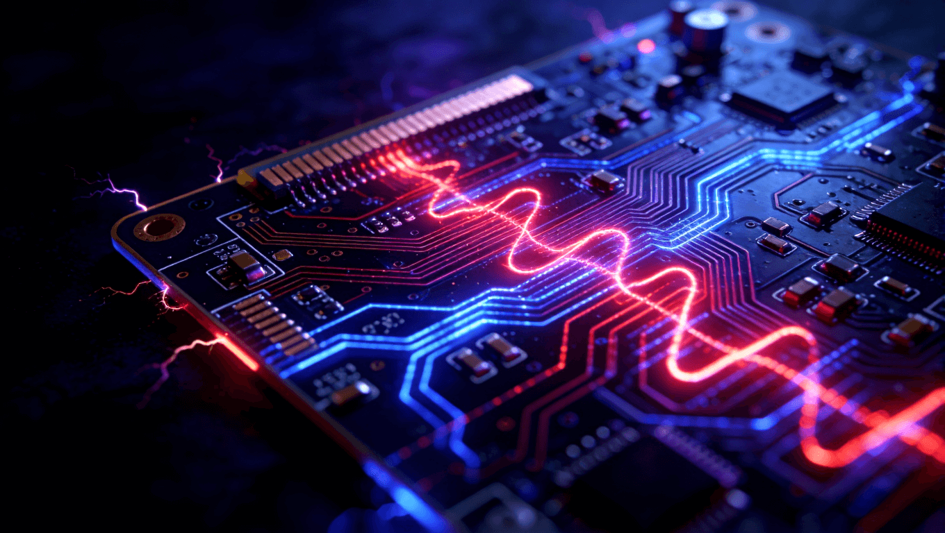 manbetx体验厅信号失真视觉化，展示红色与蓝色光流在PCB上扭曲波动