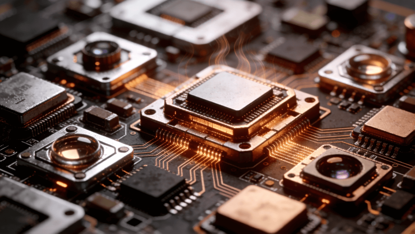 光模块PCB精密布局与散热设计，微型芯片密集排列，热感视觉效果