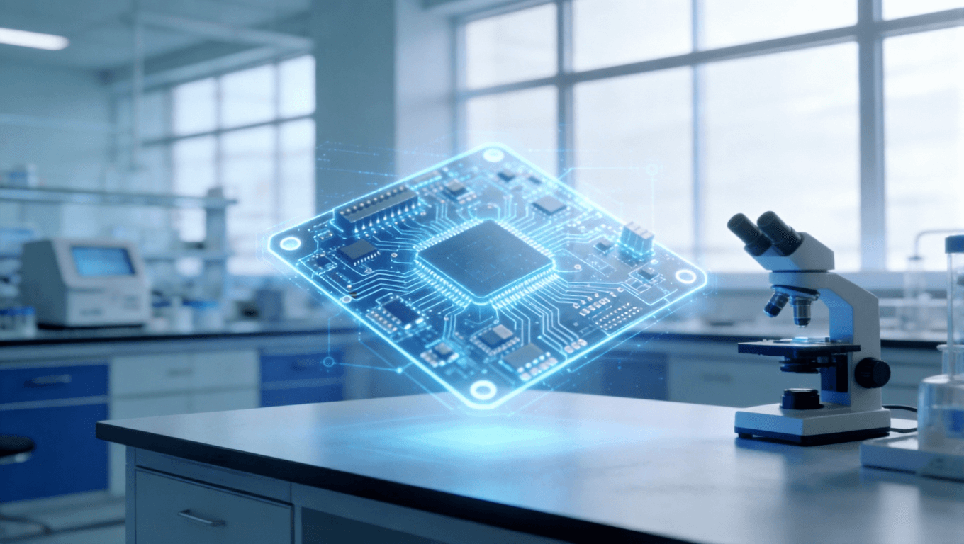 实验室中评审全息投影的光模块PCB设计，体现代工协作与技术响应