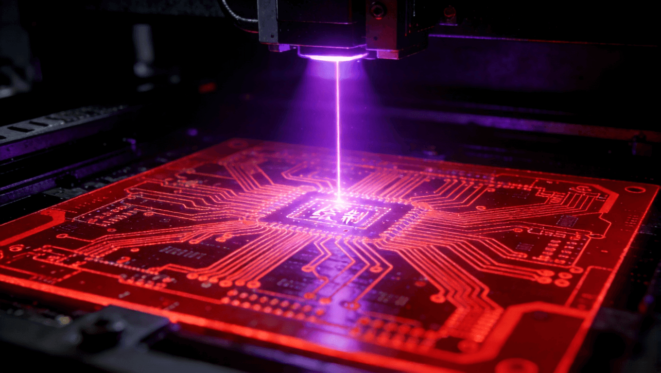 激光直接成像工艺在毫米波PCB制造中绘制高精度线路的瞬间
