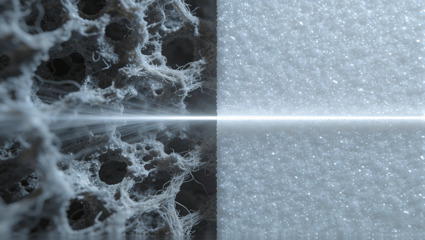 显微镜下传统FR-4与高频PTFE毫米波PCB基材表面结构对比图