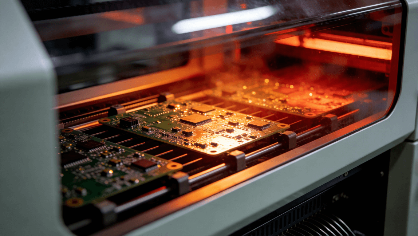 SMT生产线回流焊炉内部温控工作场景，展现电子元件焊接过程中的精准热管理