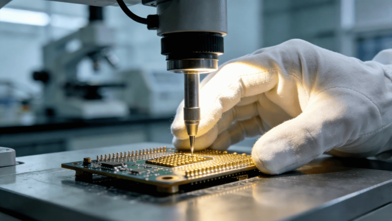 在电子制造实验室中，技术人员佩戴洁净手套，使用精密仪器对沉金电路板焊盘进行最终质量检测 
