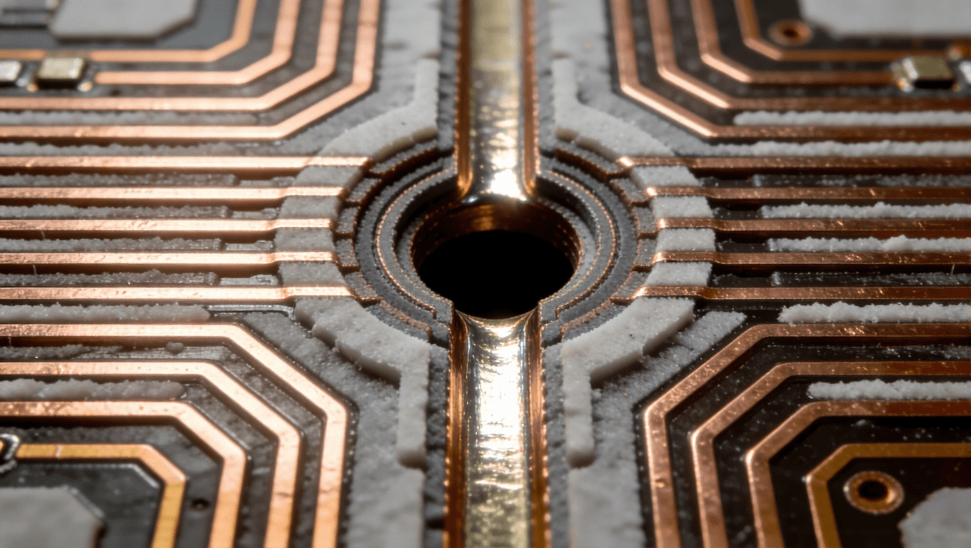 IC载板微小盲孔结构的电子显微镜风格截面视图，展示高密度互连