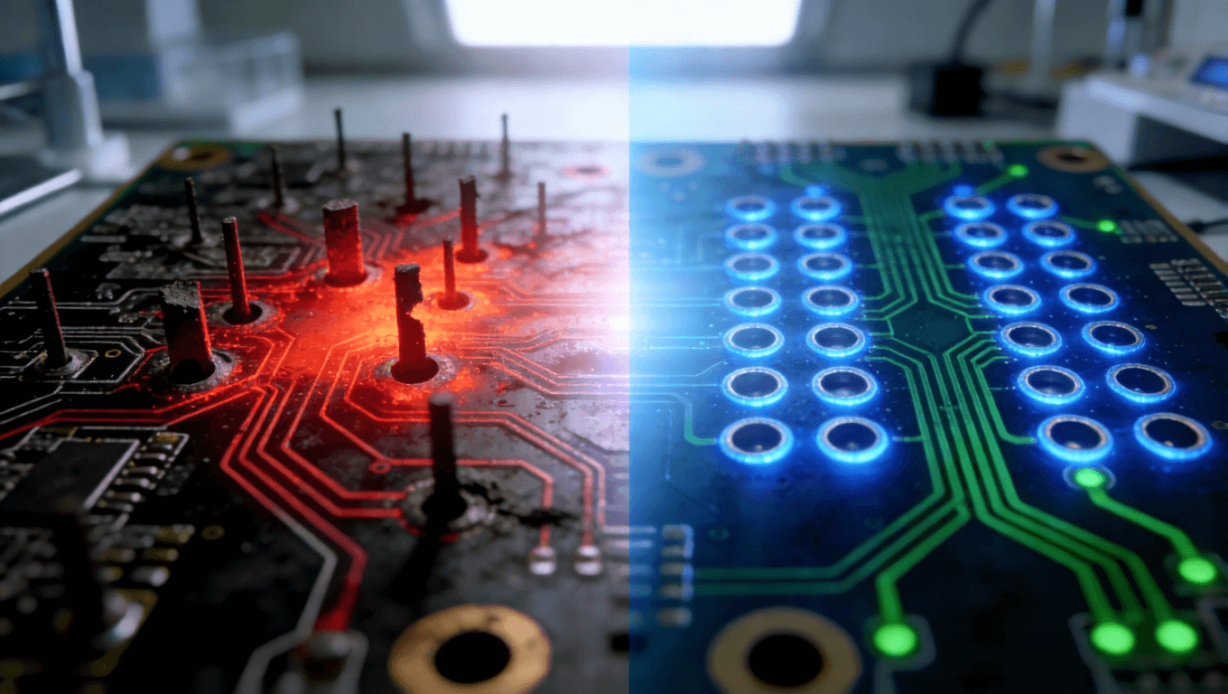 1.6T光模块PCB过孔优化前后对比，左侧传统设计问题，右侧优化后信号与热管理改善