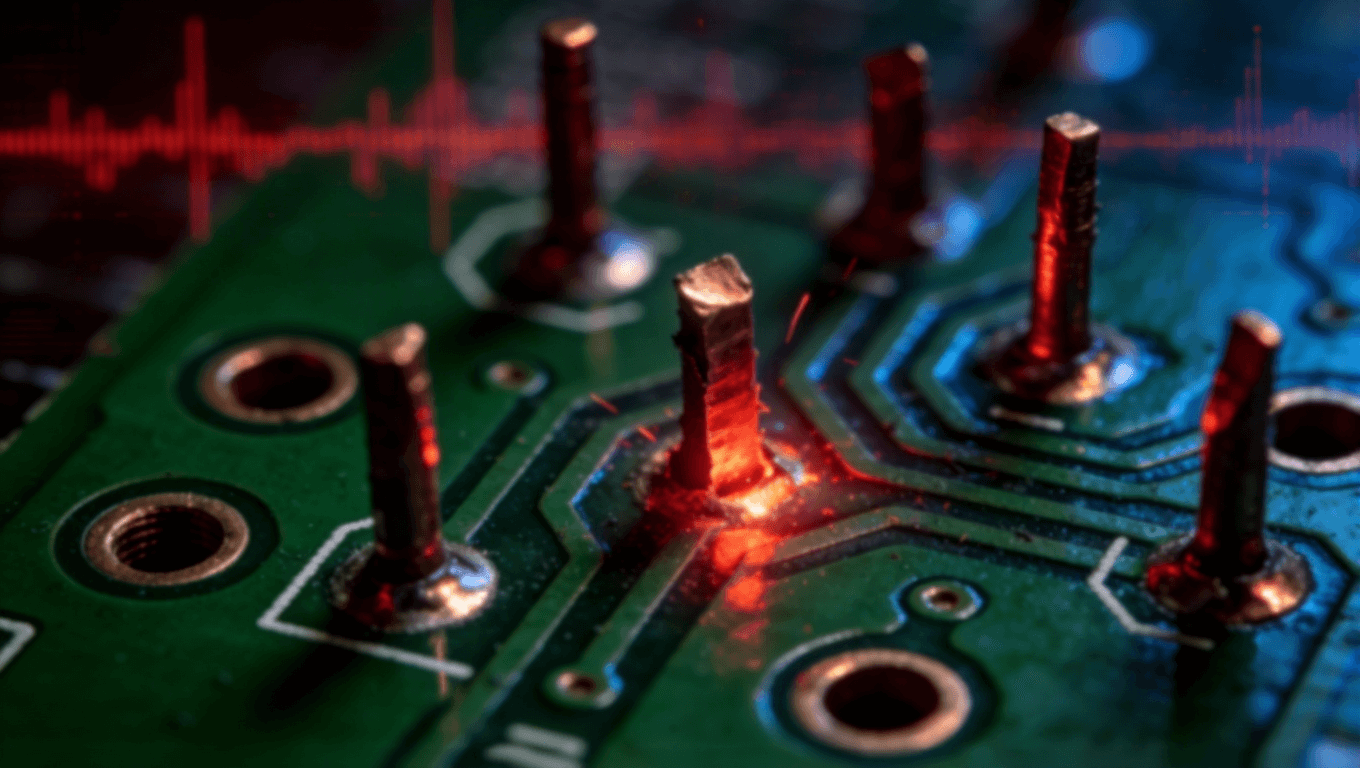 高速光模块PCB传统通孔残桩特写，展示via stub导致的信号反射与干扰问题