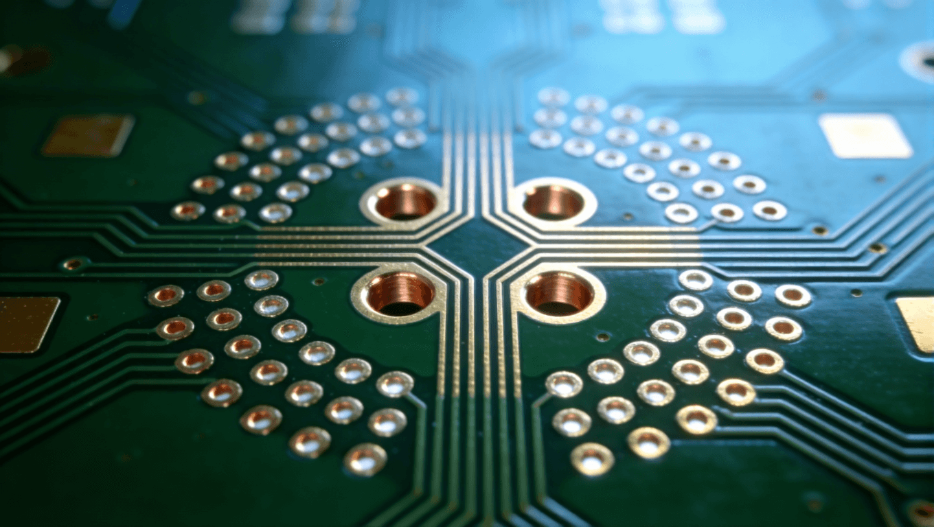 优化后的光模块PCB过孔设计特写，展示激光盲孔、对称差分对与接地屏蔽结构