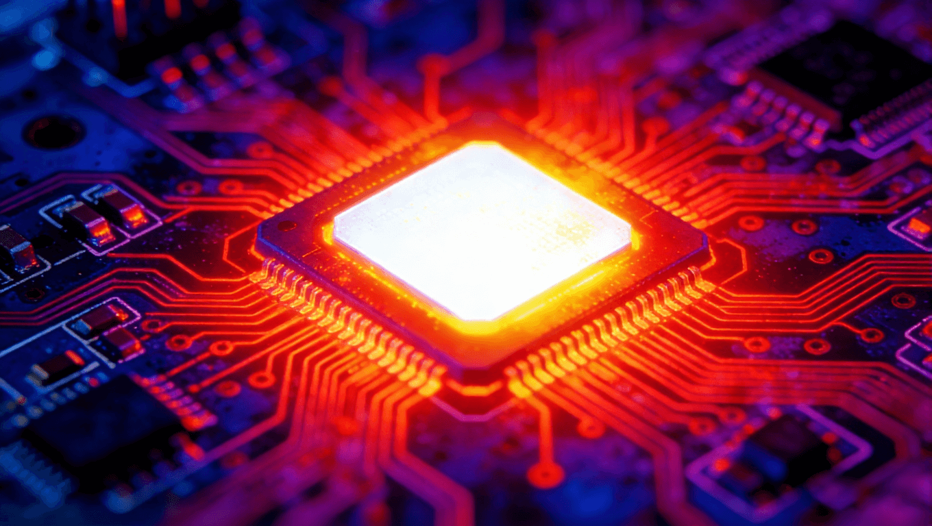 热成像艺术效果图,PCB上LED芯片过热,核心亮白,热量呈紊乱红色辐射状扩散 热成像艺术效果图,PCB上LED芯片过热,核心亮白,热量呈紊乱红色辐射状扩散