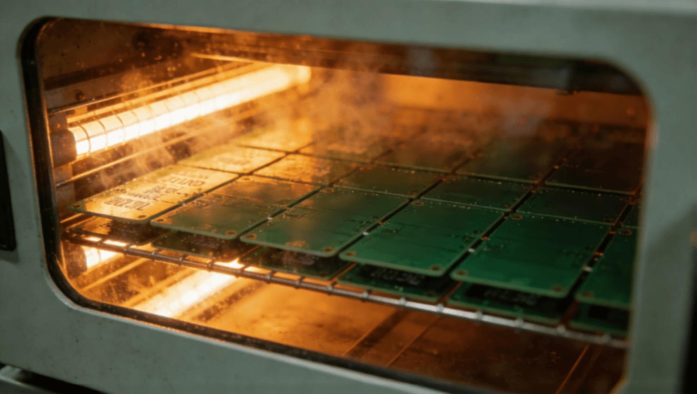 PCB丝印油墨高温固化工艺现场,电子制造热固化过程 PCB丝印油墨高温固化工艺现场,电子制造热固化过程