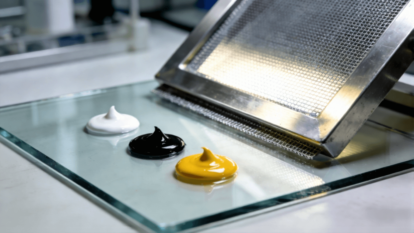 PCB丝印油墨选型与网版搭配专业场景,展示电子制造精密材料科学 PCB丝印油墨选型与网版搭配专业场景,展示电子制造精密材料科学