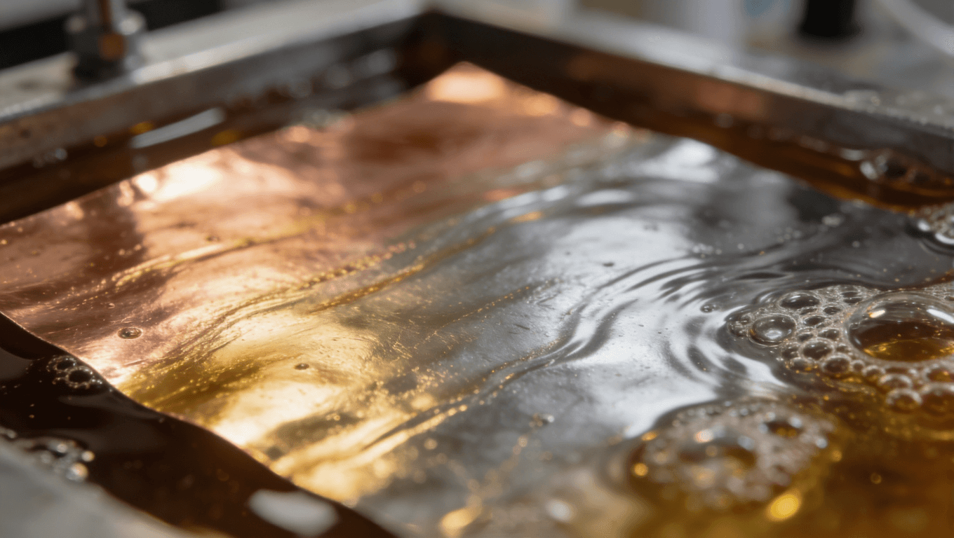 沉金工艺化学沉积过程微距视图，展示镍层与金层的形成