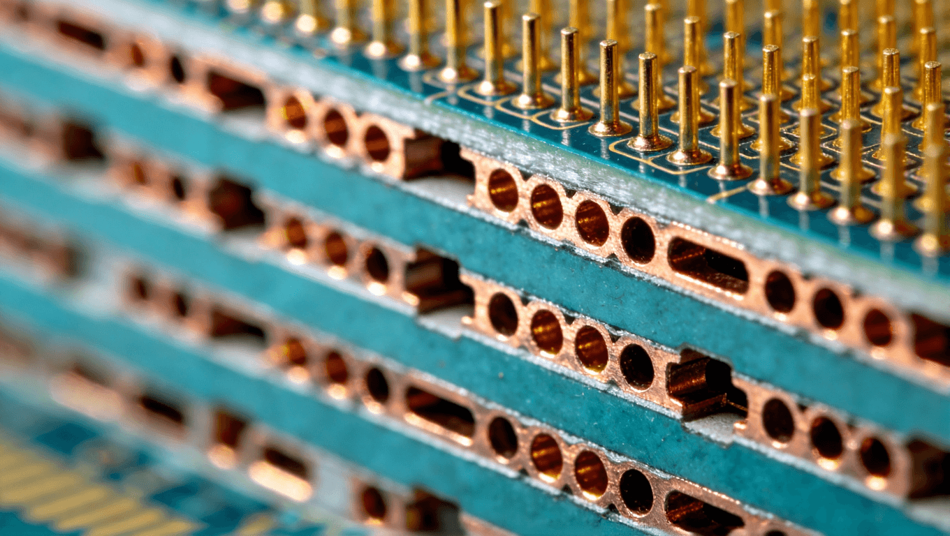 陶瓷电路板盲埋孔工艺的微观截面示意图，展示精密互连结构