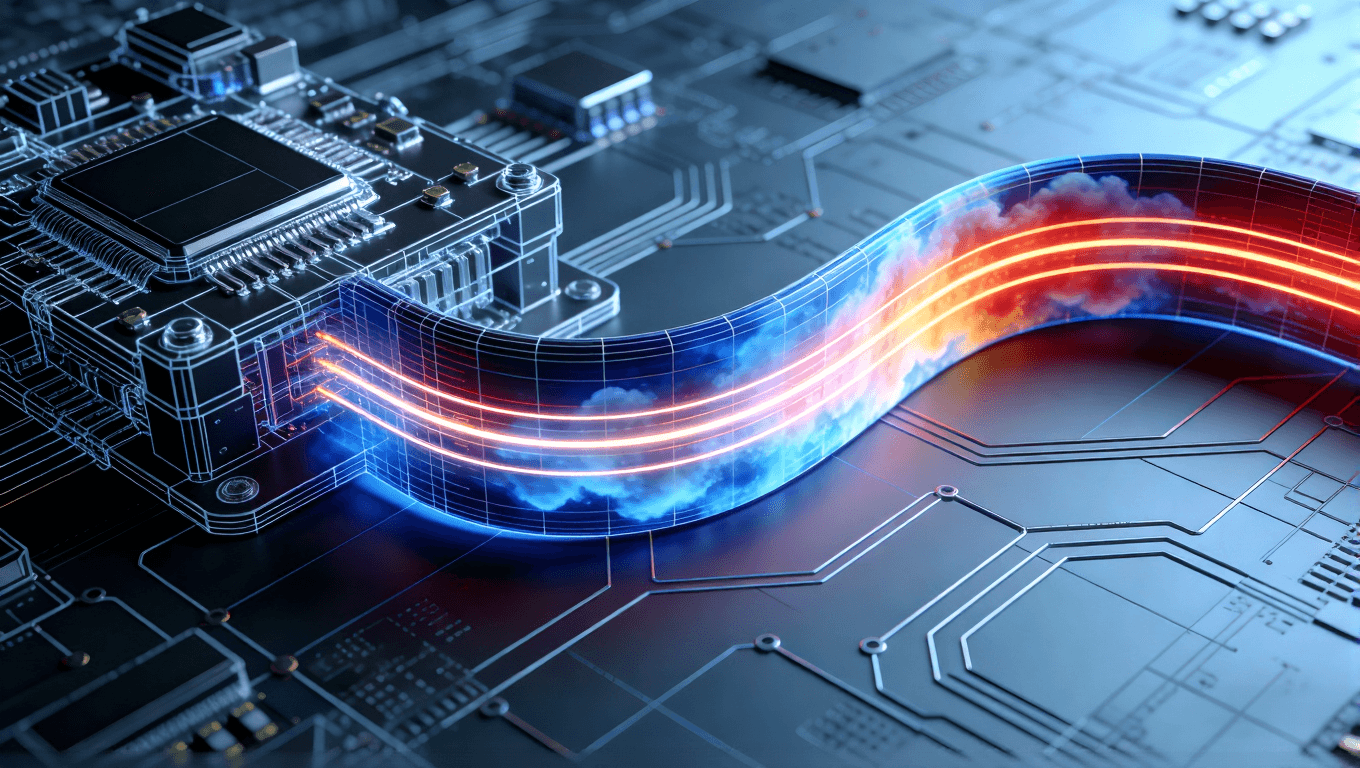 （从蓝到红）叠加显示应力分布的模拟云图。几条象征信号路径的光带沿着电路流动，在弯曲部分保持稳定亮度