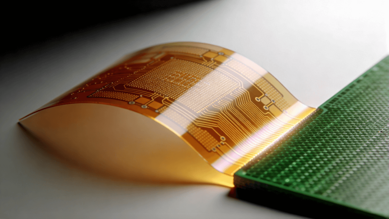 象征软硬结合板材料体系革新的抽象视觉，展示无胶PI柔性基材与高性能刚性基材的结合