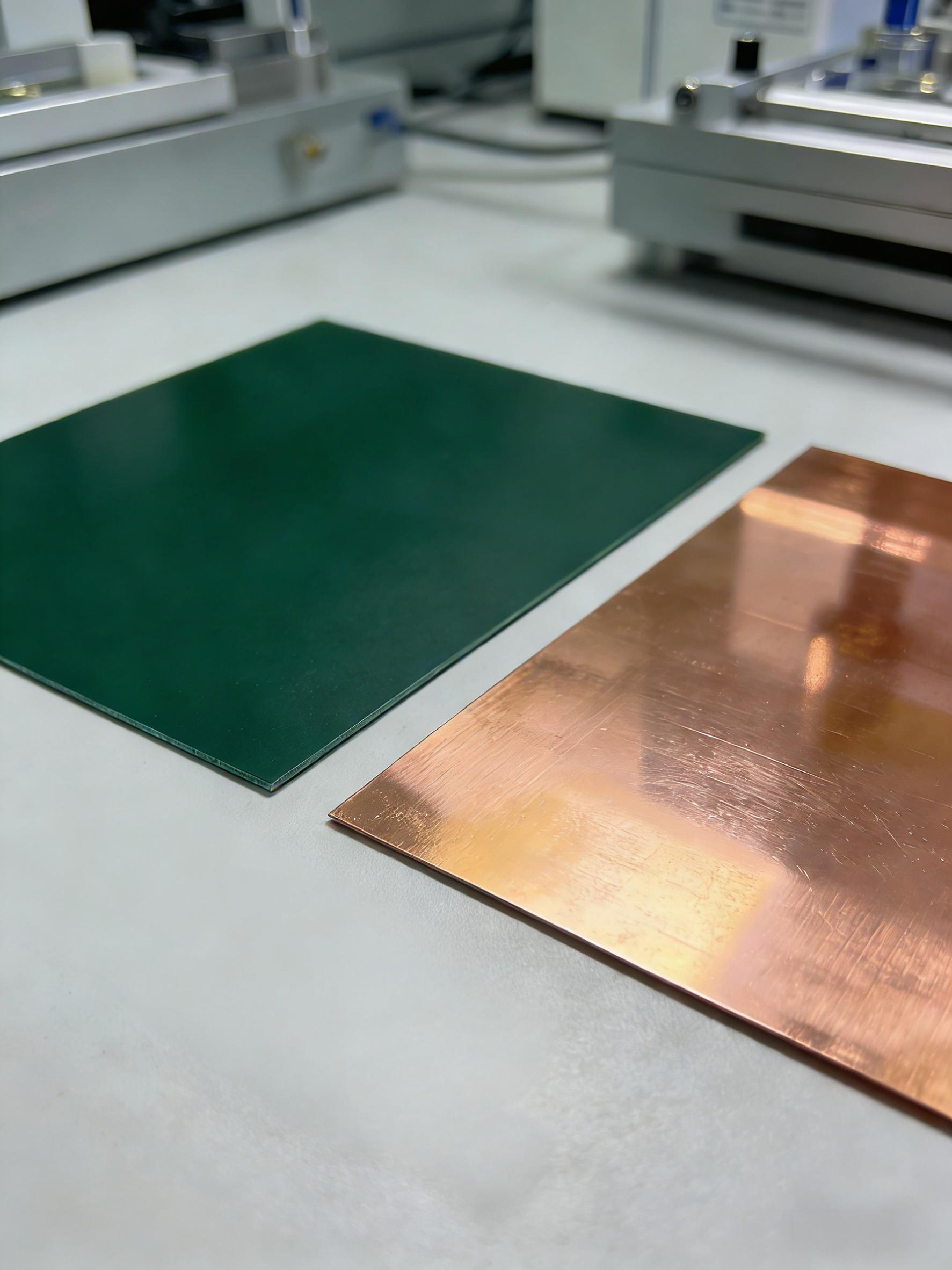 CPO光模块PCB低损耗基材选型材料展示，包括高频层压板、压延铜箔，体现精密制造与材料科技