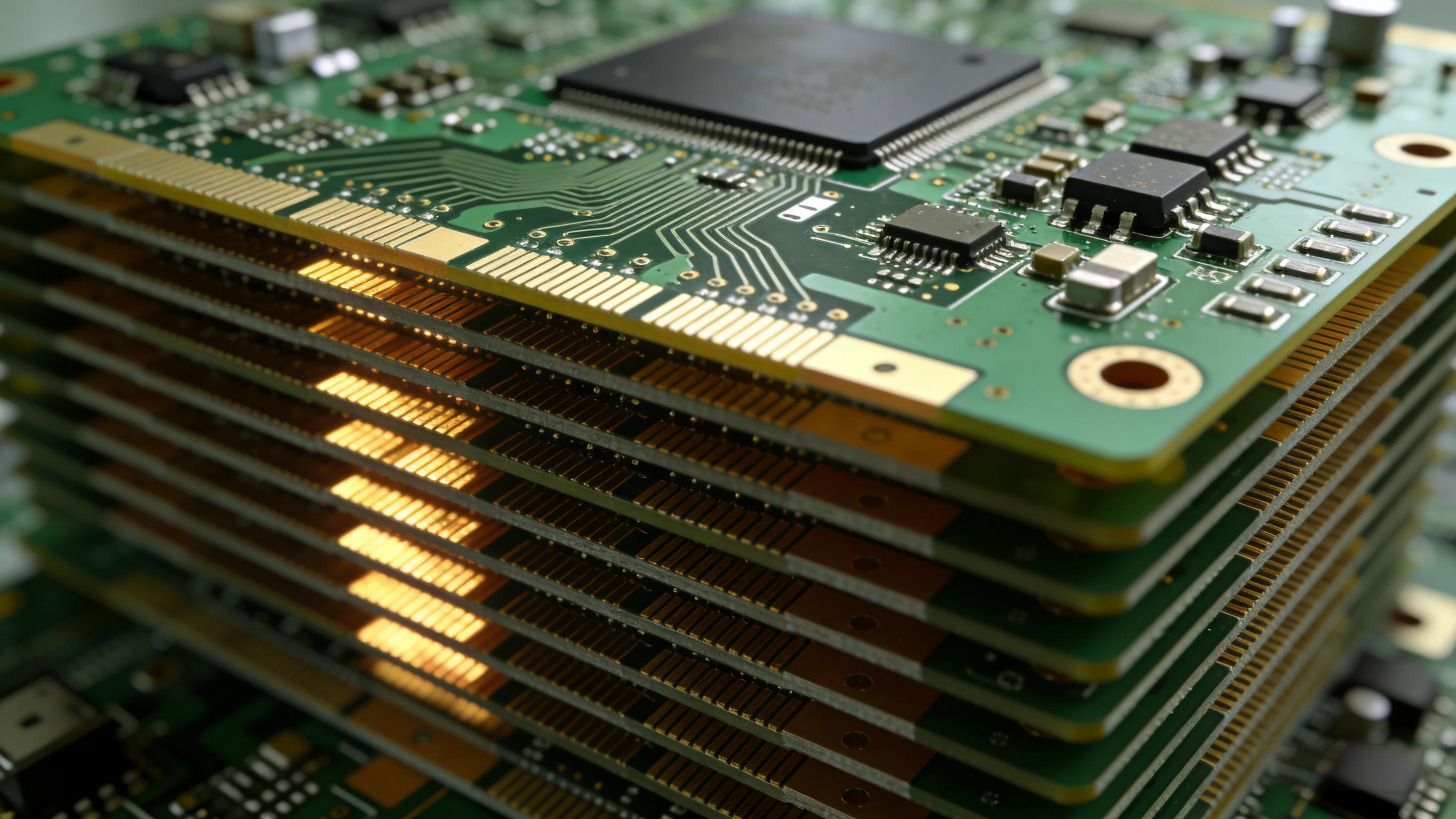 多层PCB层叠结构截面视图，信号层与接地层交替排列，展现阻抗稳定的传输环境