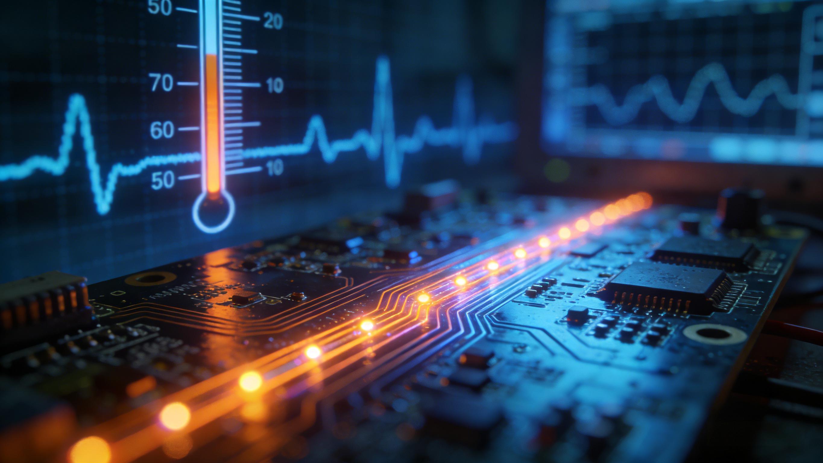 PCB热循环测试场景可视化，冷暖光影交替表现温度变化下信号稳定性测试