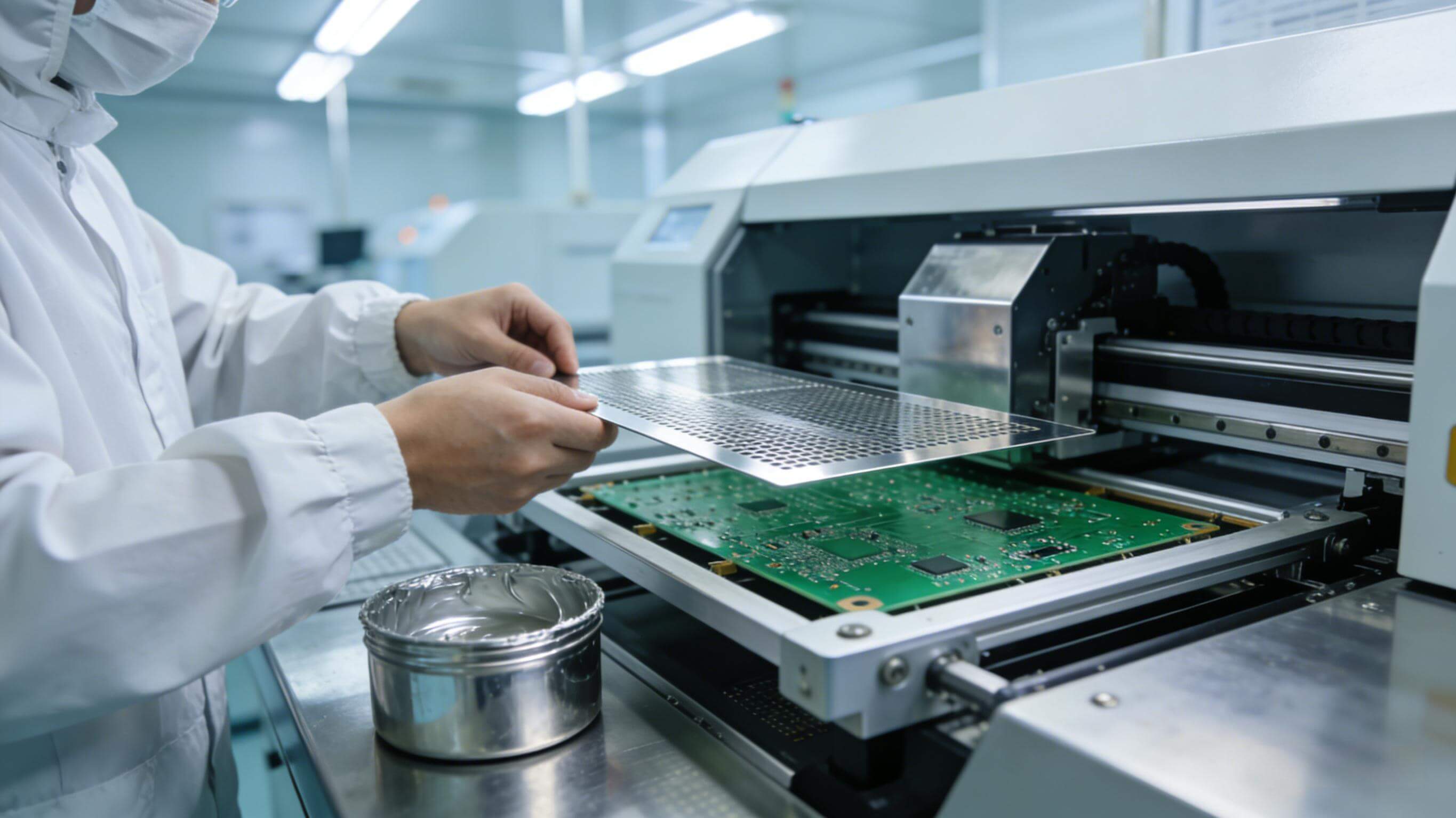 技术员在SMT产线上将电路板钢网精准安装到印刷机网框