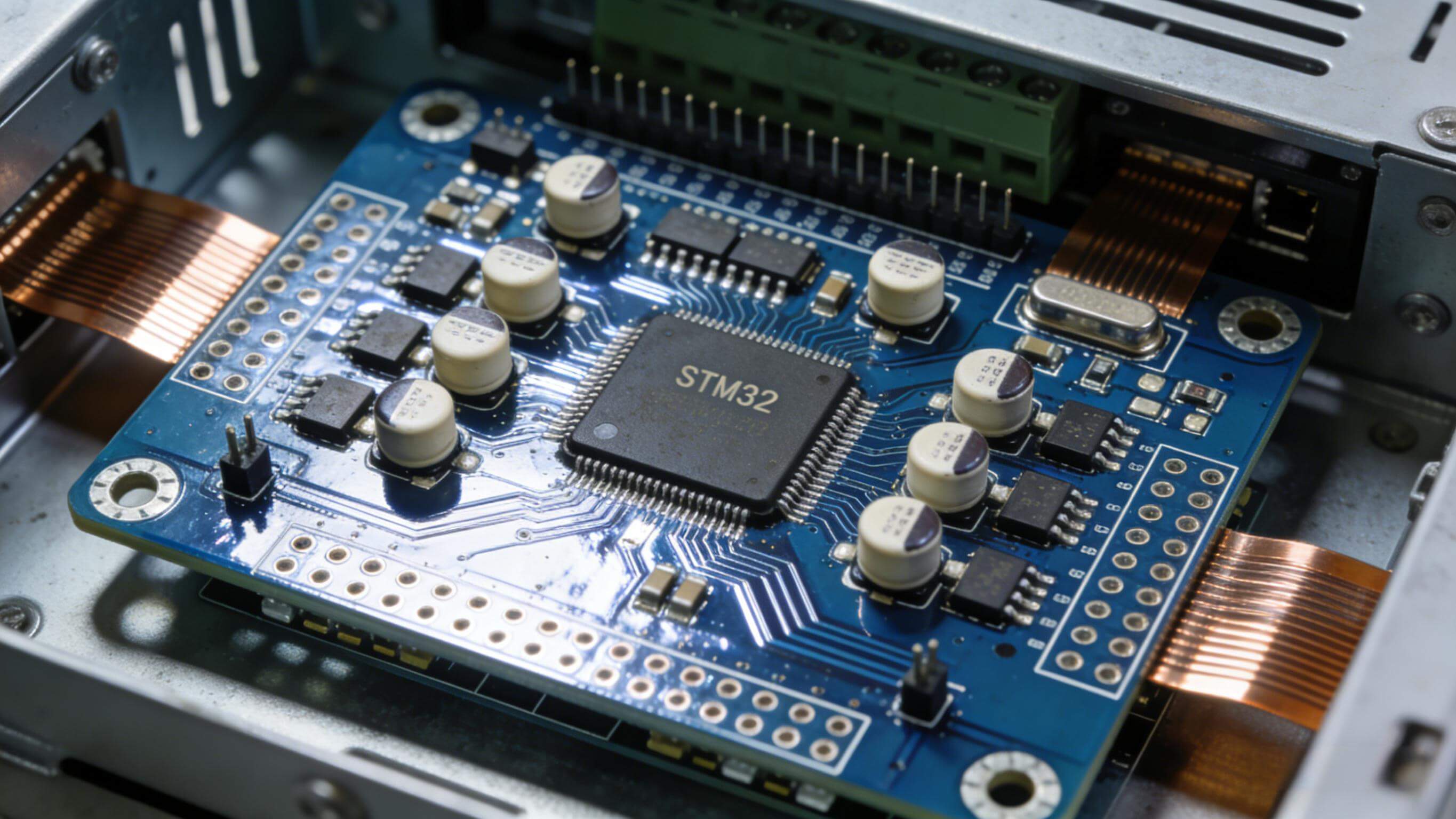 优化后的工业IO模块PCB，MCU周围分布式去耦电容布局