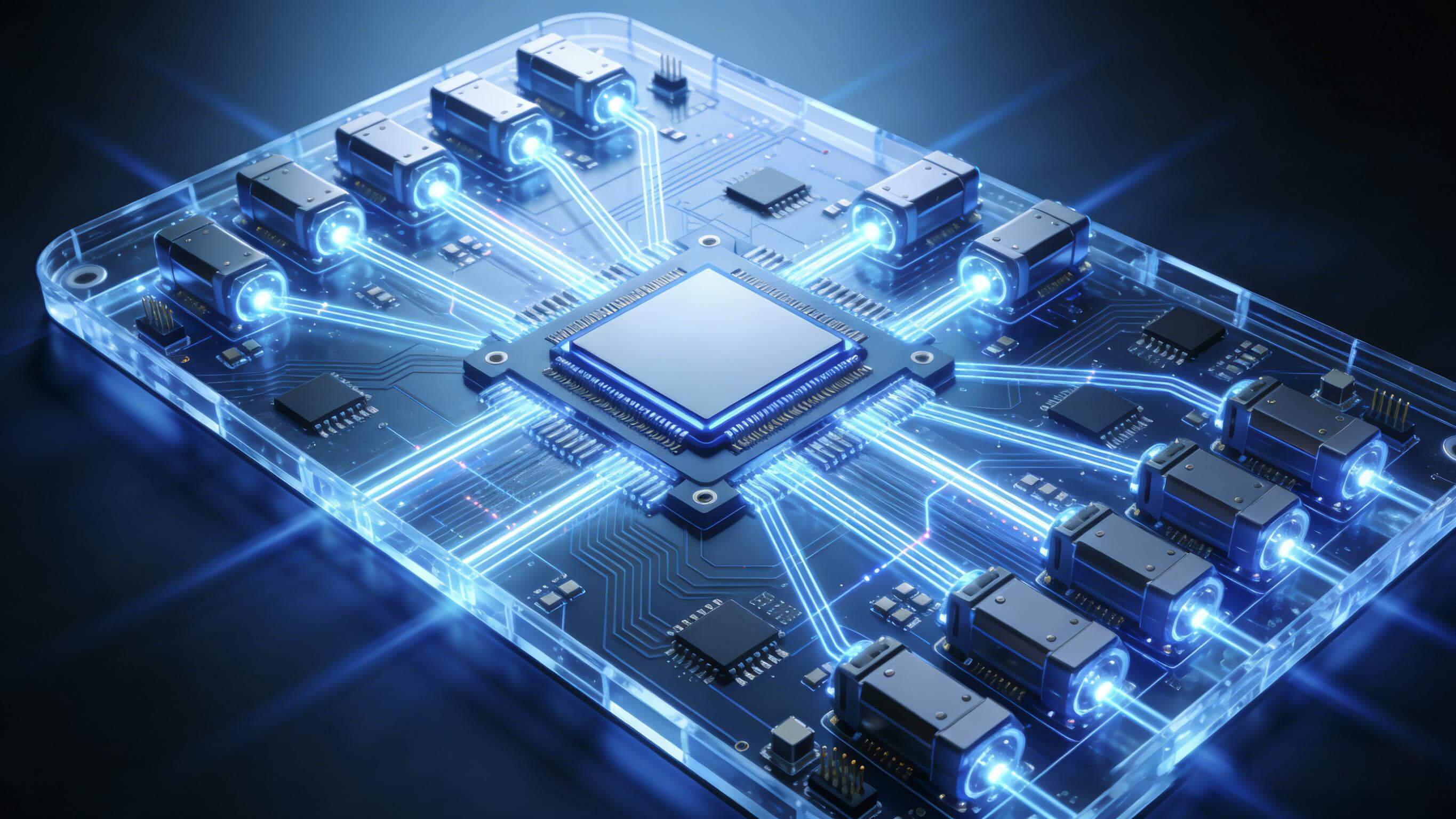 CPO共封装光学未来数据中心交换机概念图，先进基板集成交换芯片与光引擎