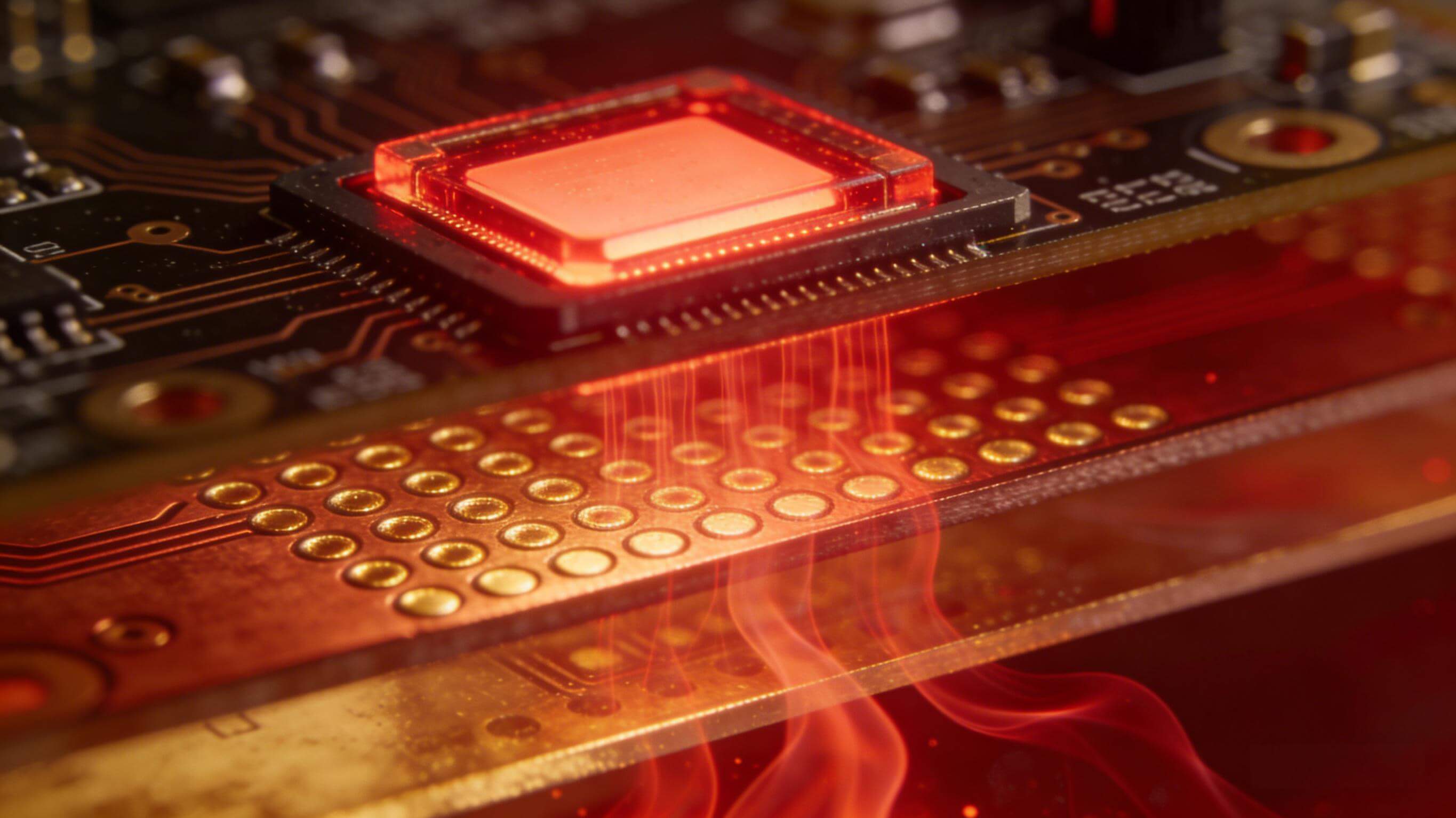 COB光模块PCB散热原理微距特写，激光器芯片热量通过热过孔向下传导