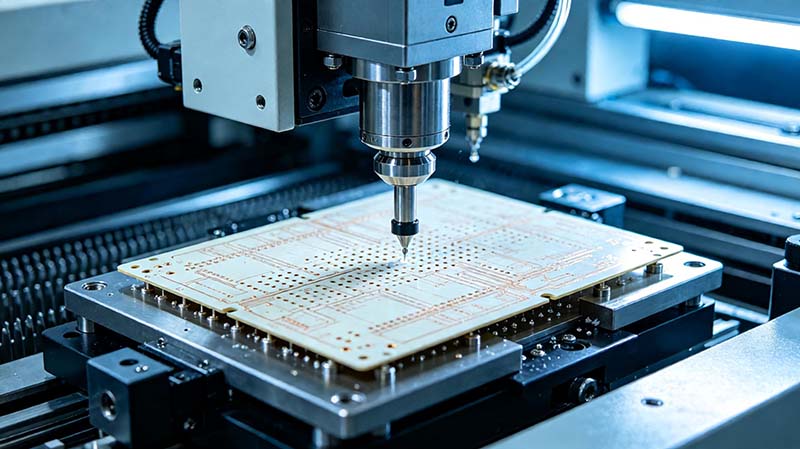 PTFE 高频 PCB 制造工艺中的精密加工场景,展示钻孔和高可靠电路板生产过程 PTFE 高频 PCB 制造工艺中的精密加工场景,展示钻孔和高可靠电路板生产过程