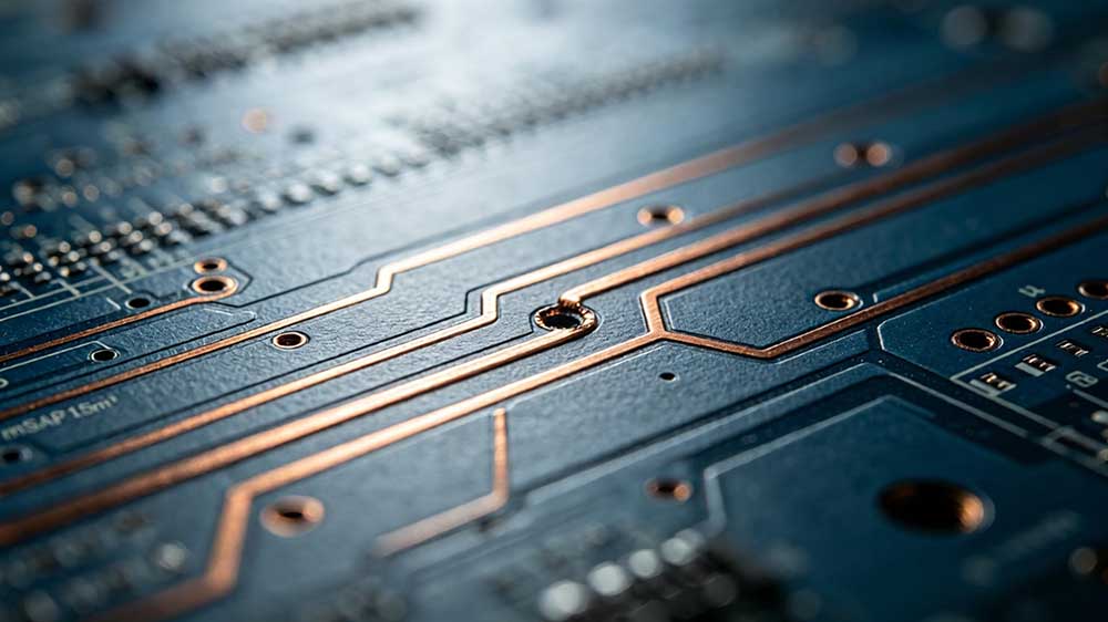 高阶PCB技术门槛——显微镜下mSAP工艺制作的15微米级精细铜线路与激光微盲孔截面,展示CoWoP封装对PCB线宽线距精度的核心挑战 高阶PCB技术门槛——显微镜下mSAP工艺制作的15微米级精细铜线路与激光微盲孔截面,展示CoWoP封装对PCB线宽线距精度的核心挑战